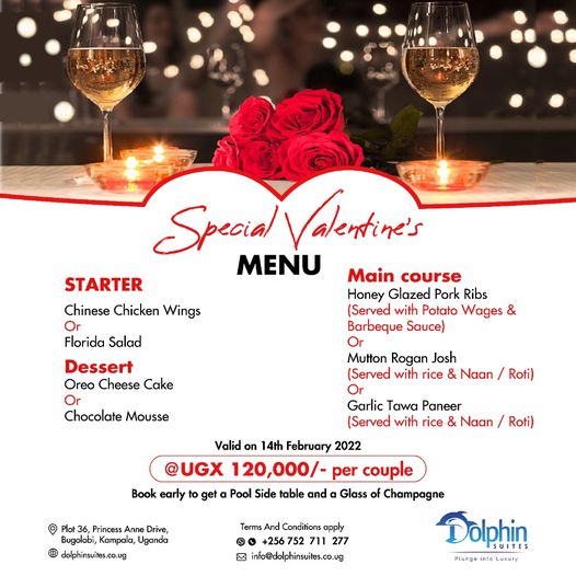 Don't Drain Your Pockets This Valentine! Book Your Table At Dophin Suites Bugolobi At Only UGX 120k For Couples & Enjoy Amazing Offers