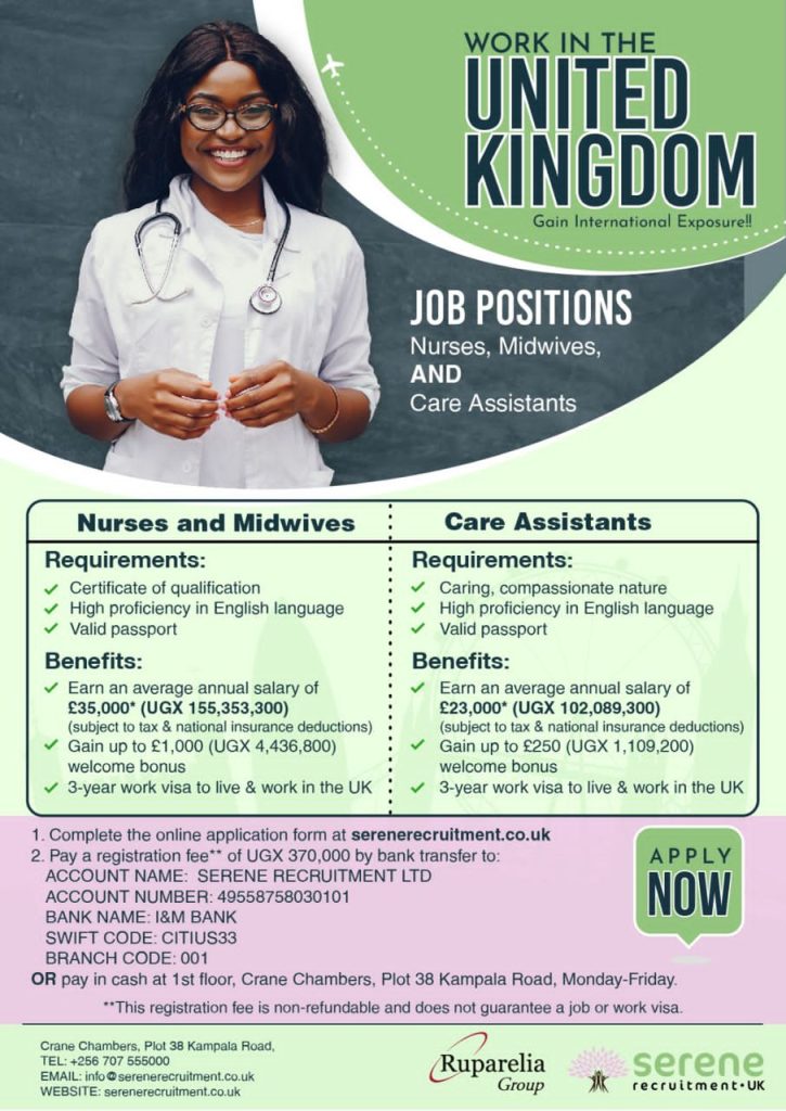 Serene Recruitment Unveils Job Opportunities For Nurses, Midwives, Care Givers With Over UGX 150 Million Salary & Other Benefits In UK