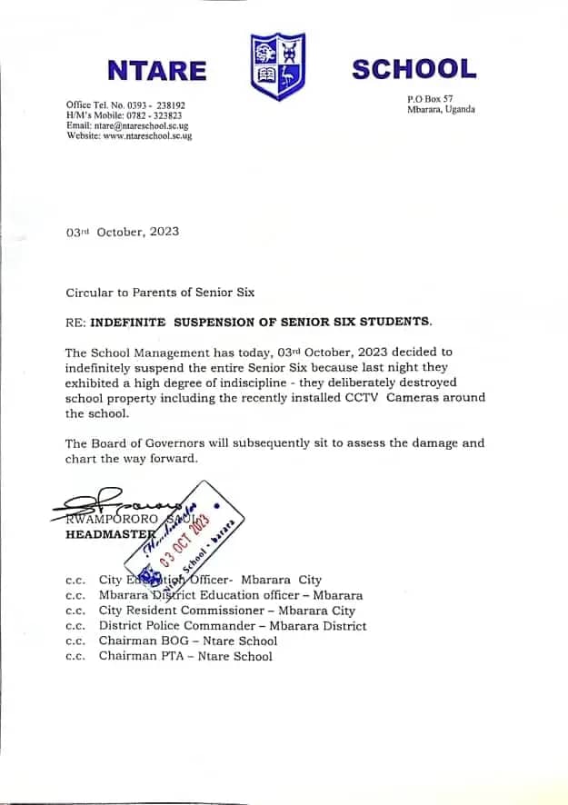 “The school management has today, October 3, decided to indefinitely suspend the entire senior six because last night they exhibited a high degree of indiscipline –they deliberately destroyed school property including the recently installed CCTV cameras around the school,” the circular issued Tuesday morning reads in part.
It adds,"The board of governors will subsequently sit to assess the damage and chat the way forward”.
The suspension is likely to disorganise the national exams starts on November 10, 2023.